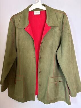 Alfred Dunner Olive Faux Suede Jacket Red Lining Women’s Size L